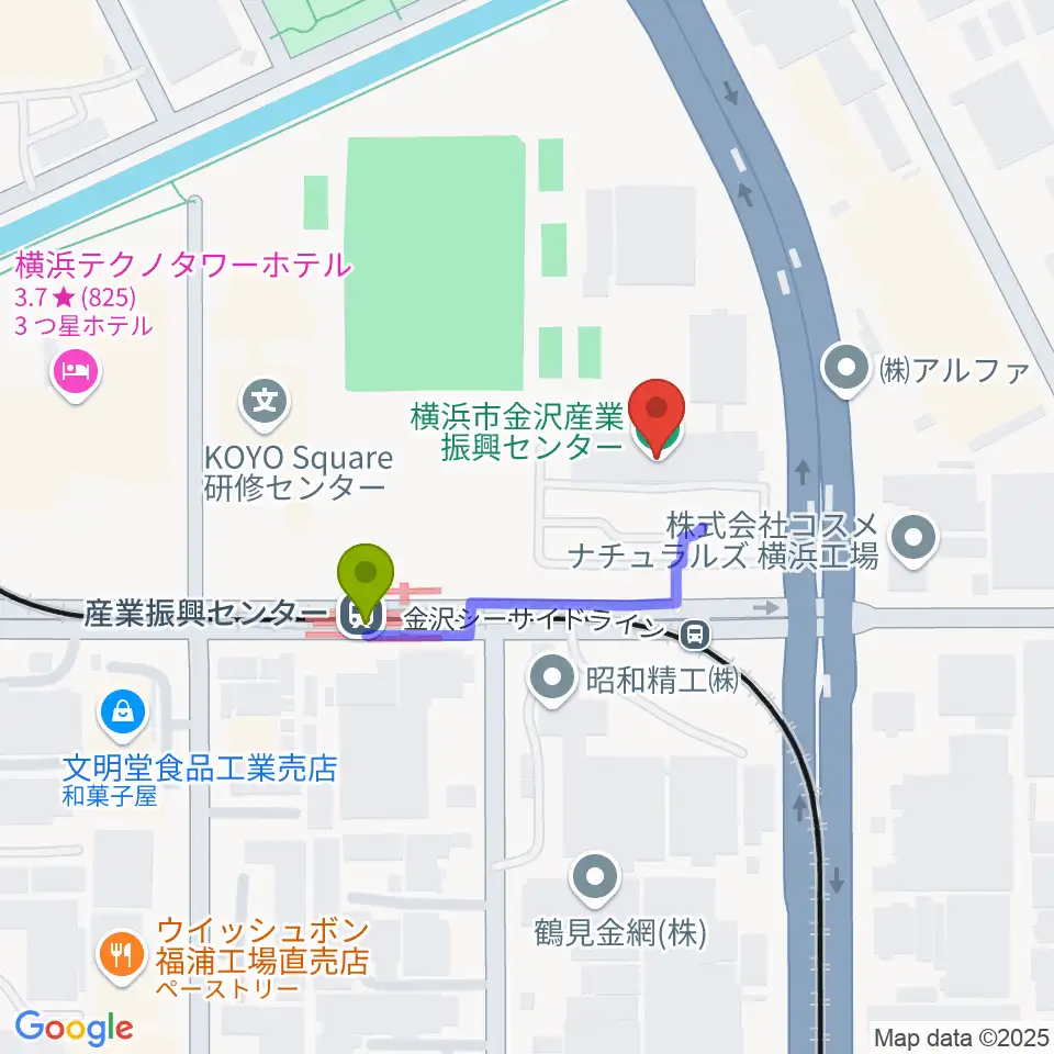 横浜市金沢産業振興センターの最寄駅産業振興センター駅からの徒歩ルート（約2分）地図