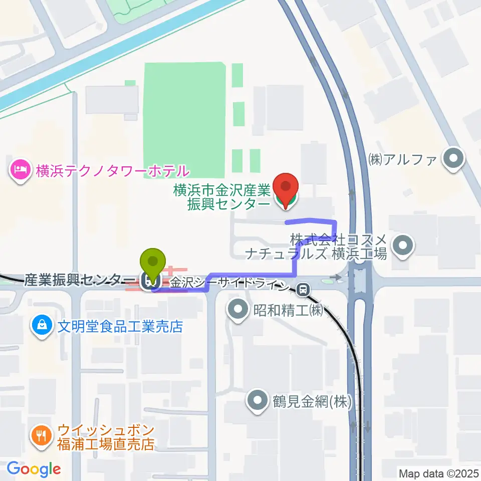 横浜市金沢産業振興センターの最寄駅産業振興センター駅からの徒歩ルート（約2分）地図
