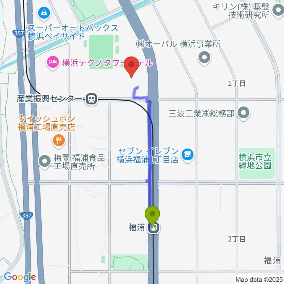 福浦駅から横浜市金沢産業振興センターへのルートマップ地図