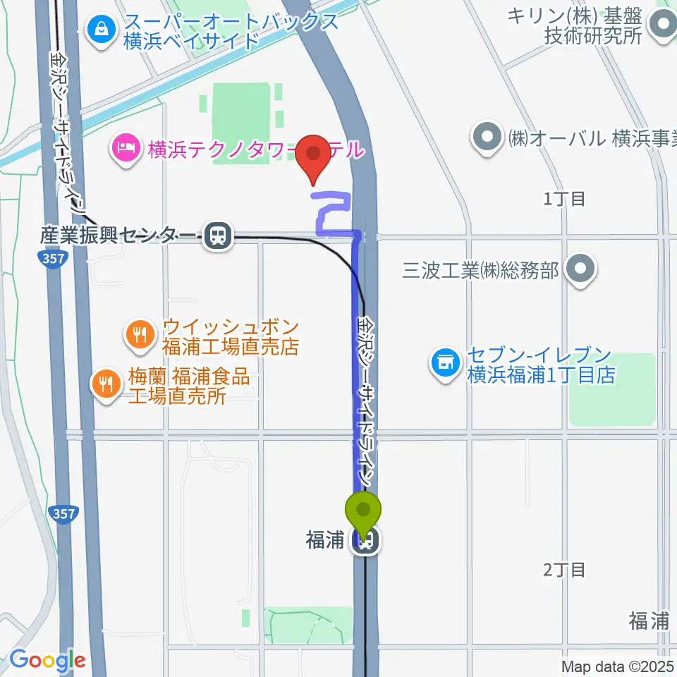 福浦駅から横浜市金沢産業振興センターへのルートマップ地図