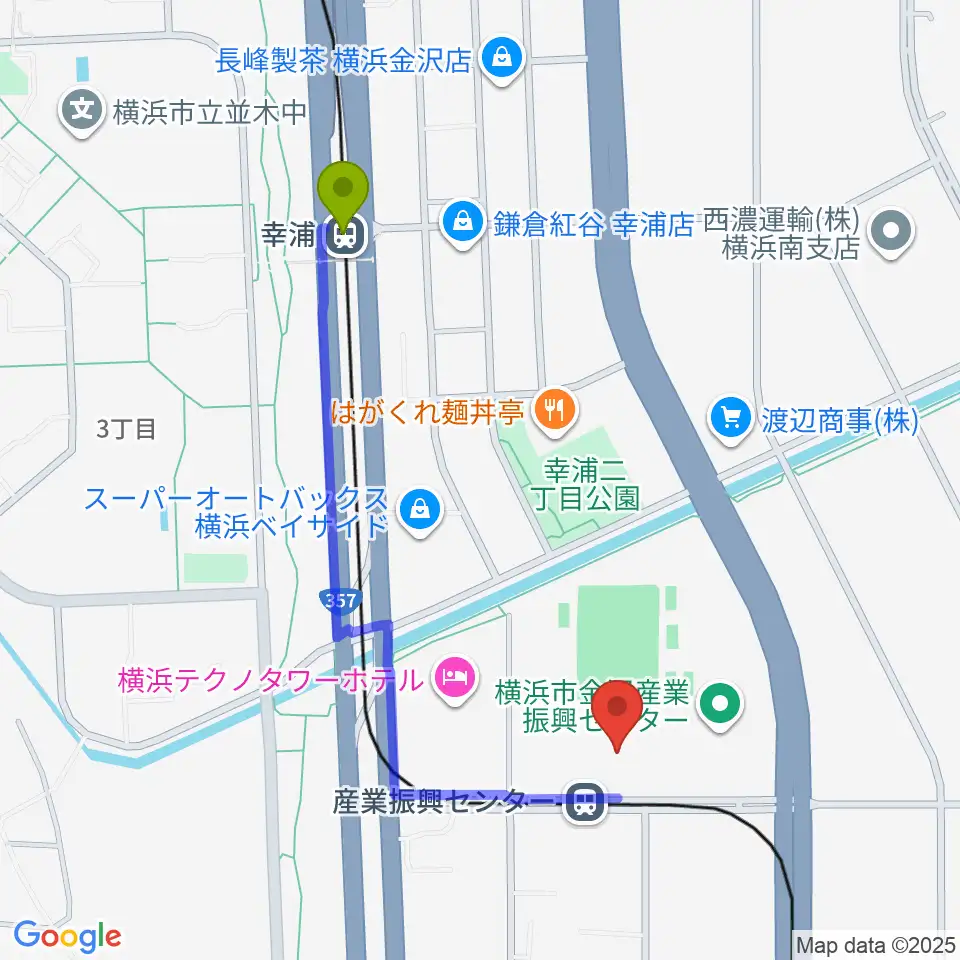 幸浦駅から金沢産業振興センター サブグラウンドへのルートマップ地図