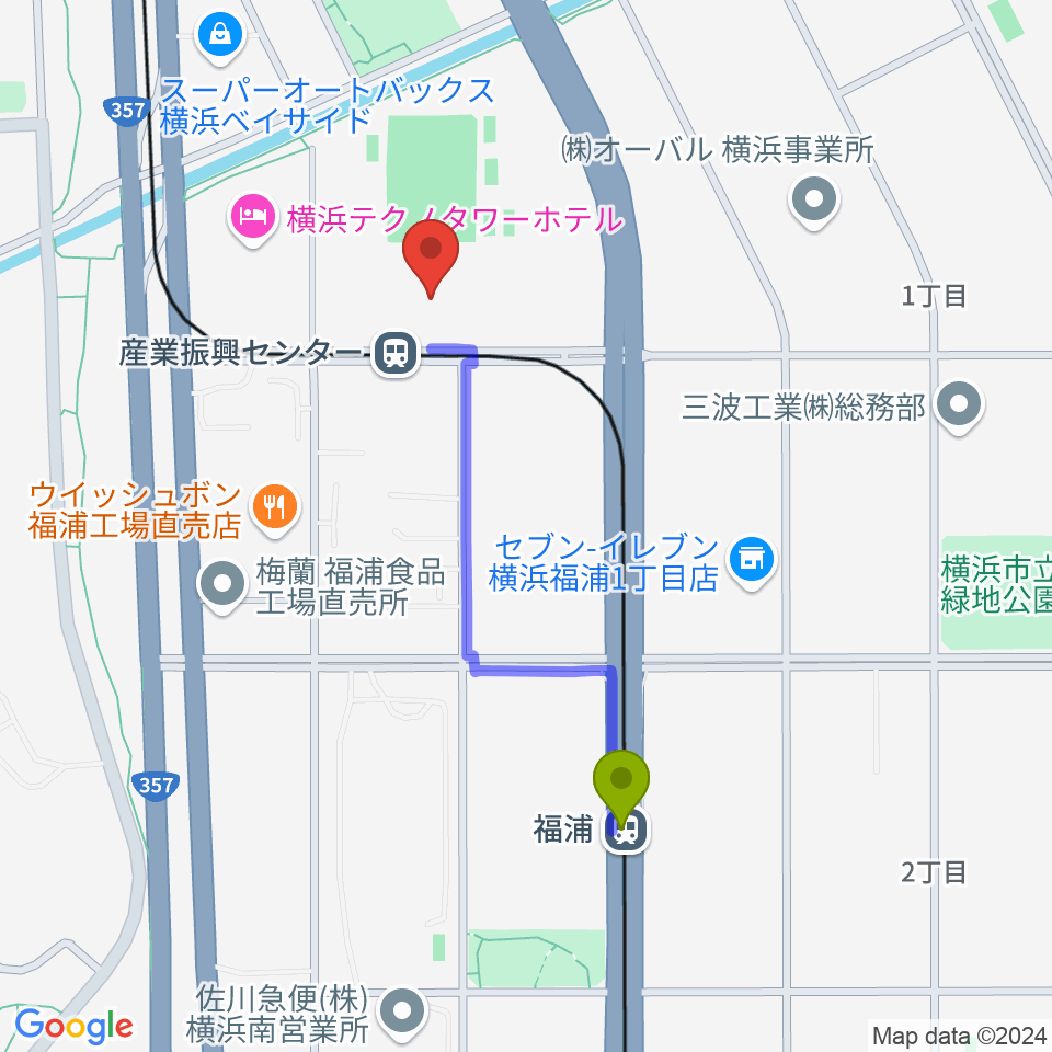 福浦駅から金沢産業振興センター サブグラウンドへのルートマップ地図