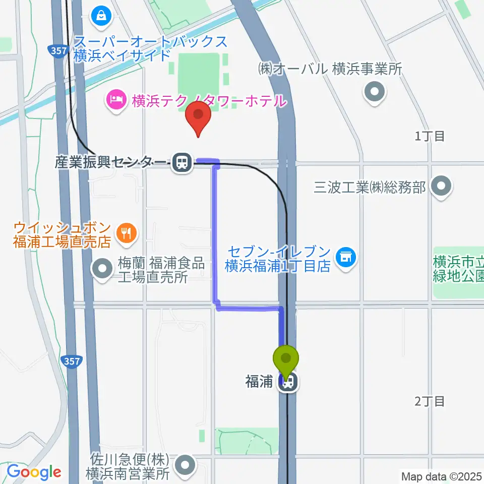 福浦駅から金沢産業振興センター サブグラウンドへのルートマップ地図