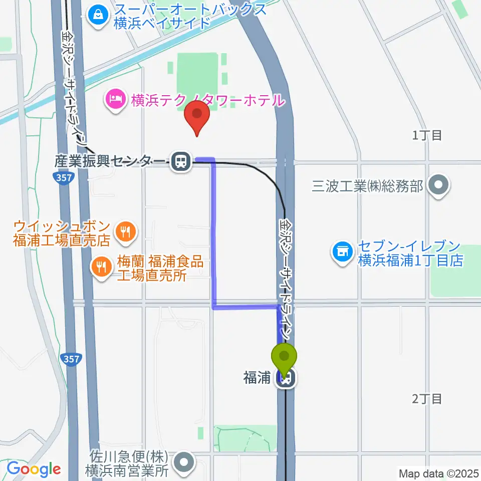 福浦駅から金沢産業振興センター サブグラウンドへのルートマップ地図