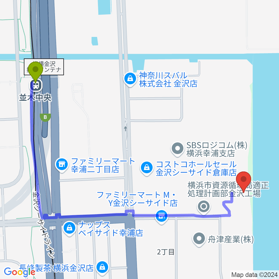 並木中央駅から横浜市金沢プールへのルートマップ地図