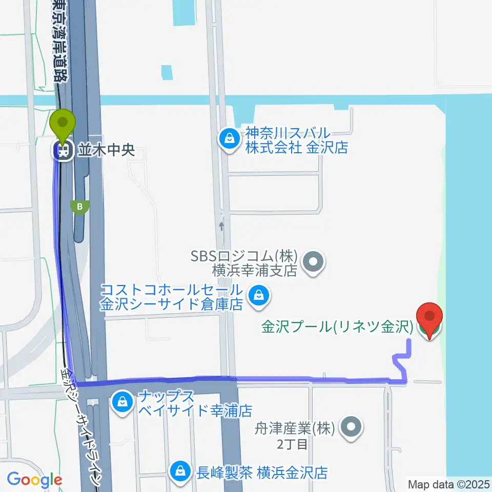 並木中央駅から横浜市金沢プールへのルートマップ地図