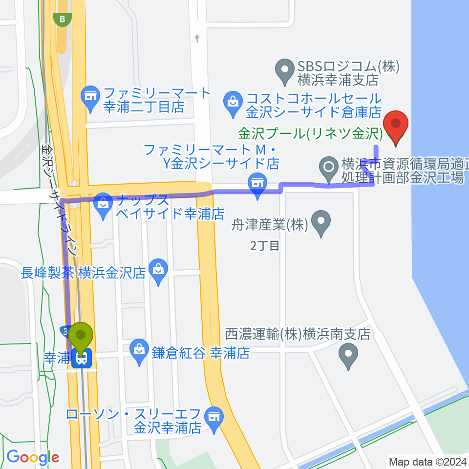 横浜市金沢プールの最寄駅幸浦駅からの徒歩ルート（約13分）地図