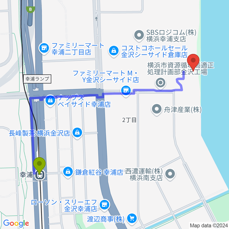 横浜市金沢プールの最寄駅幸浦駅からの徒歩ルート（約13分）地図