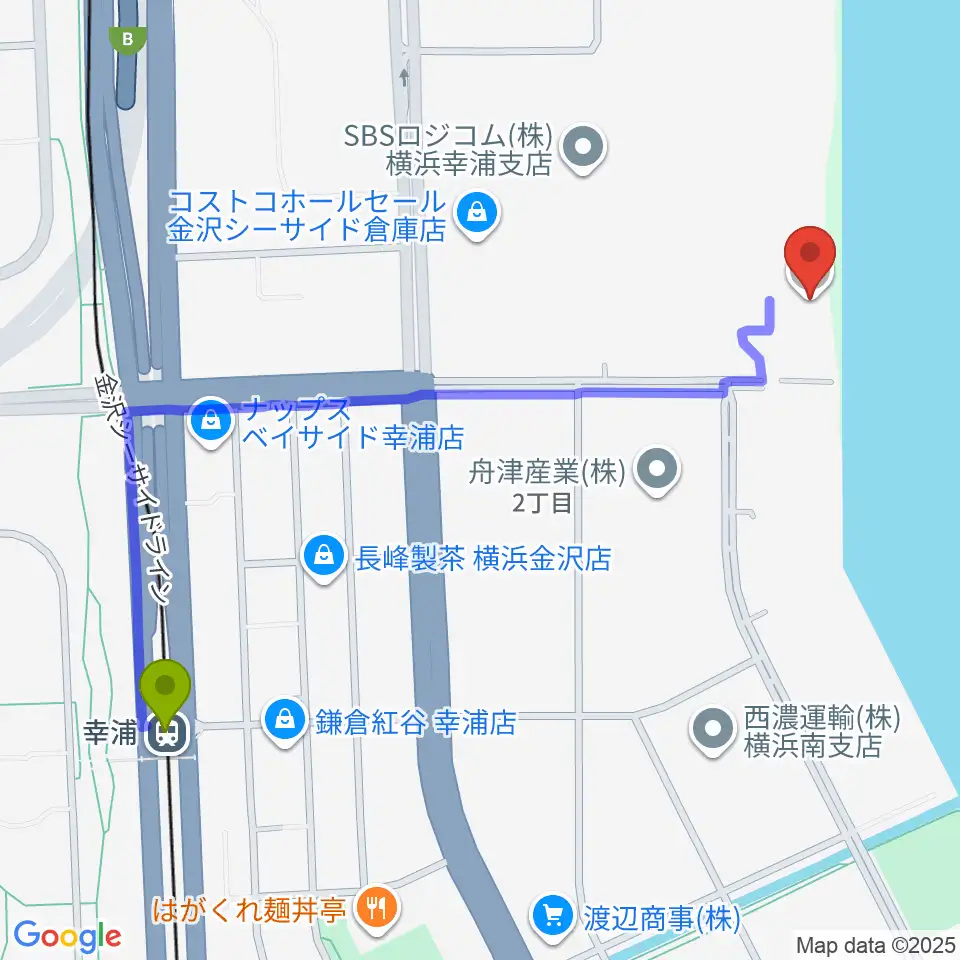 横浜市金沢プールの最寄駅幸浦駅からの徒歩ルート（約13分）地図