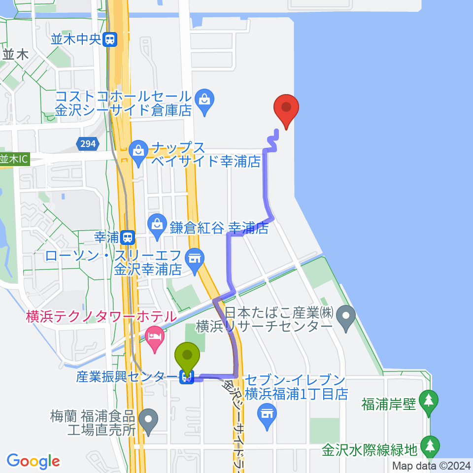 産業振興センター駅から横浜市金沢プールへのルートマップ地図