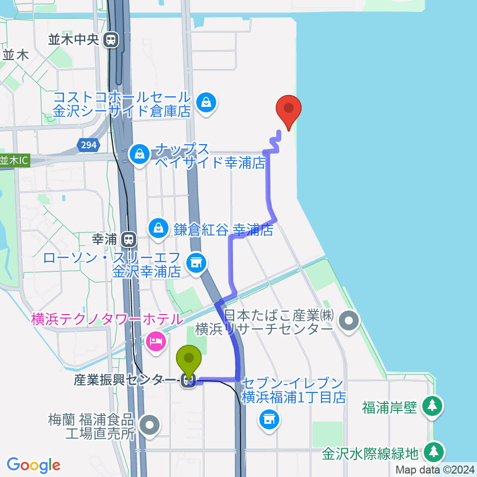 産業振興センター駅から横浜市金沢プールへのルートマップ地図