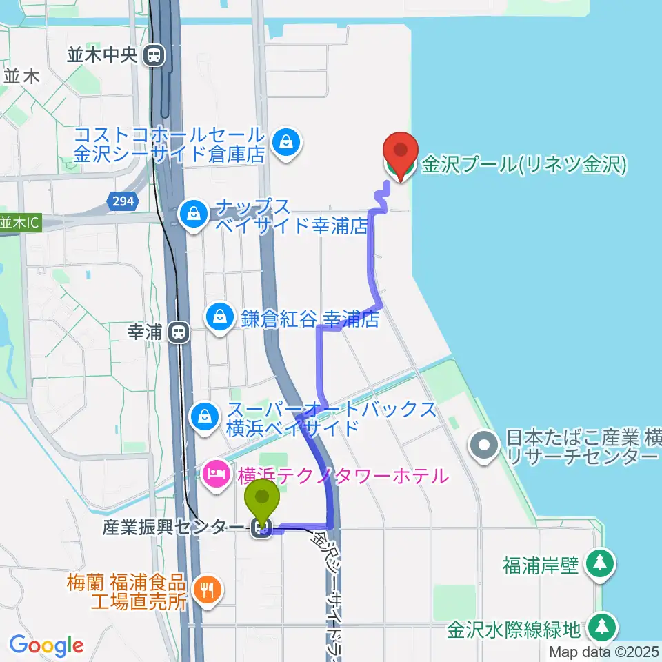 産業振興センター駅から横浜市金沢プールへのルートマップ地図