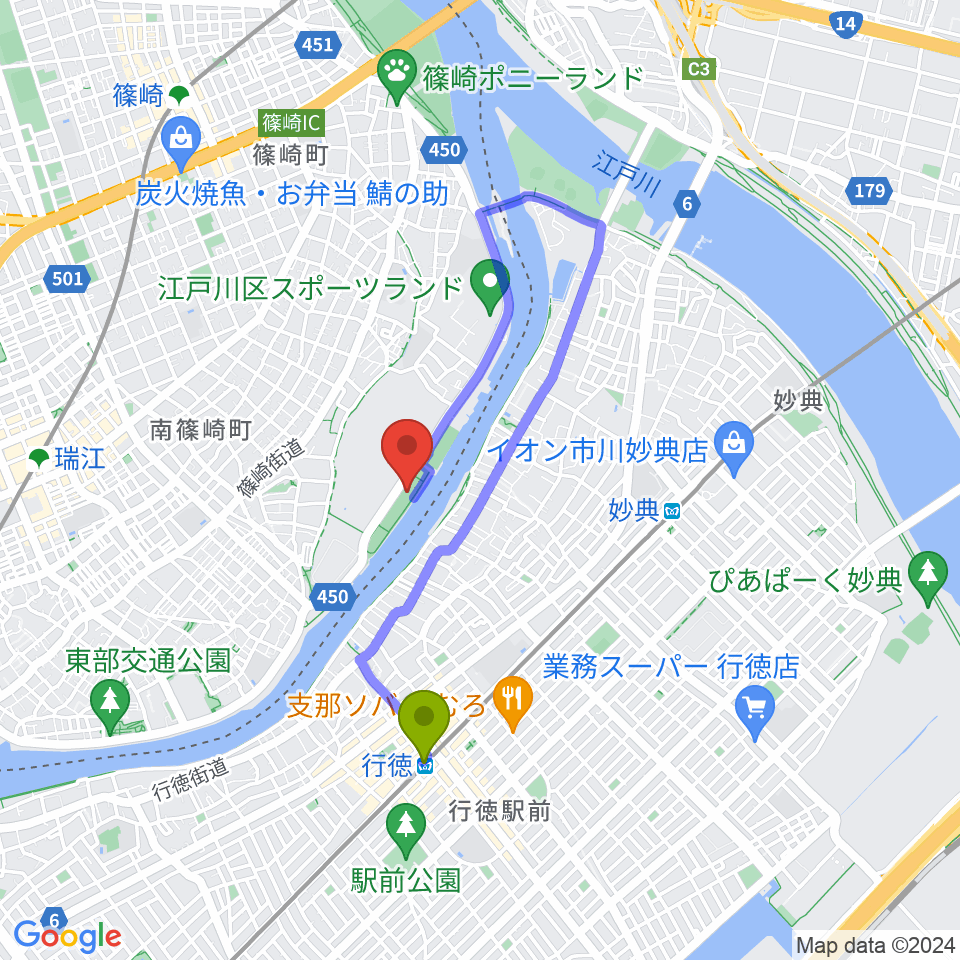 行徳駅から水辺のスポーツガーデン多目的広場へのルートマップ地図