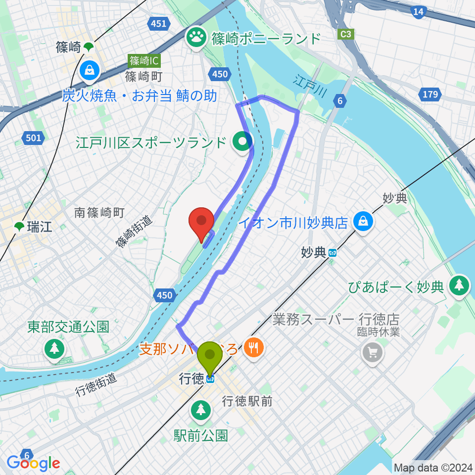 行徳駅から水辺のスポーツガーデン多目的広場へのルートマップ地図
