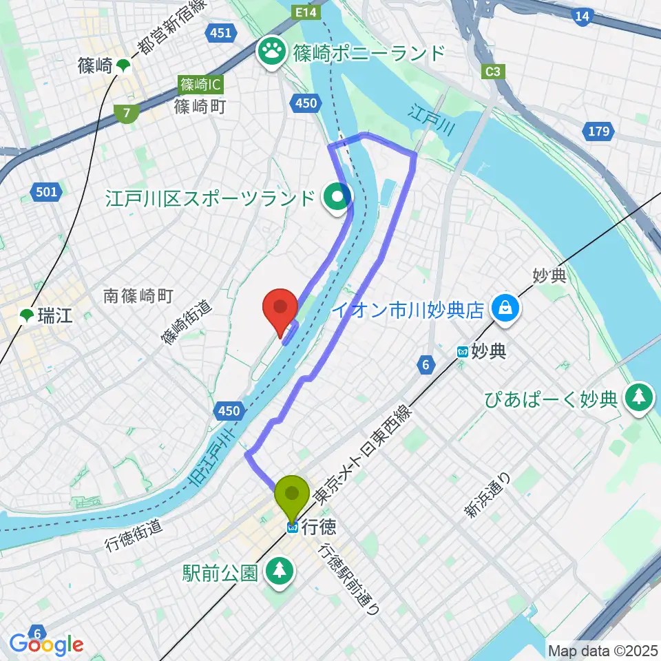 行徳駅から水辺のスポーツガーデン多目的広場へのルートマップ地図