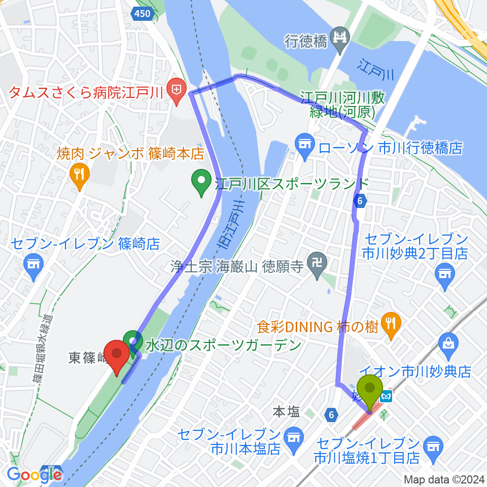 水辺のスポーツガーデン多目的広場の最寄駅妙典駅からの徒歩ルート（約16分）地図