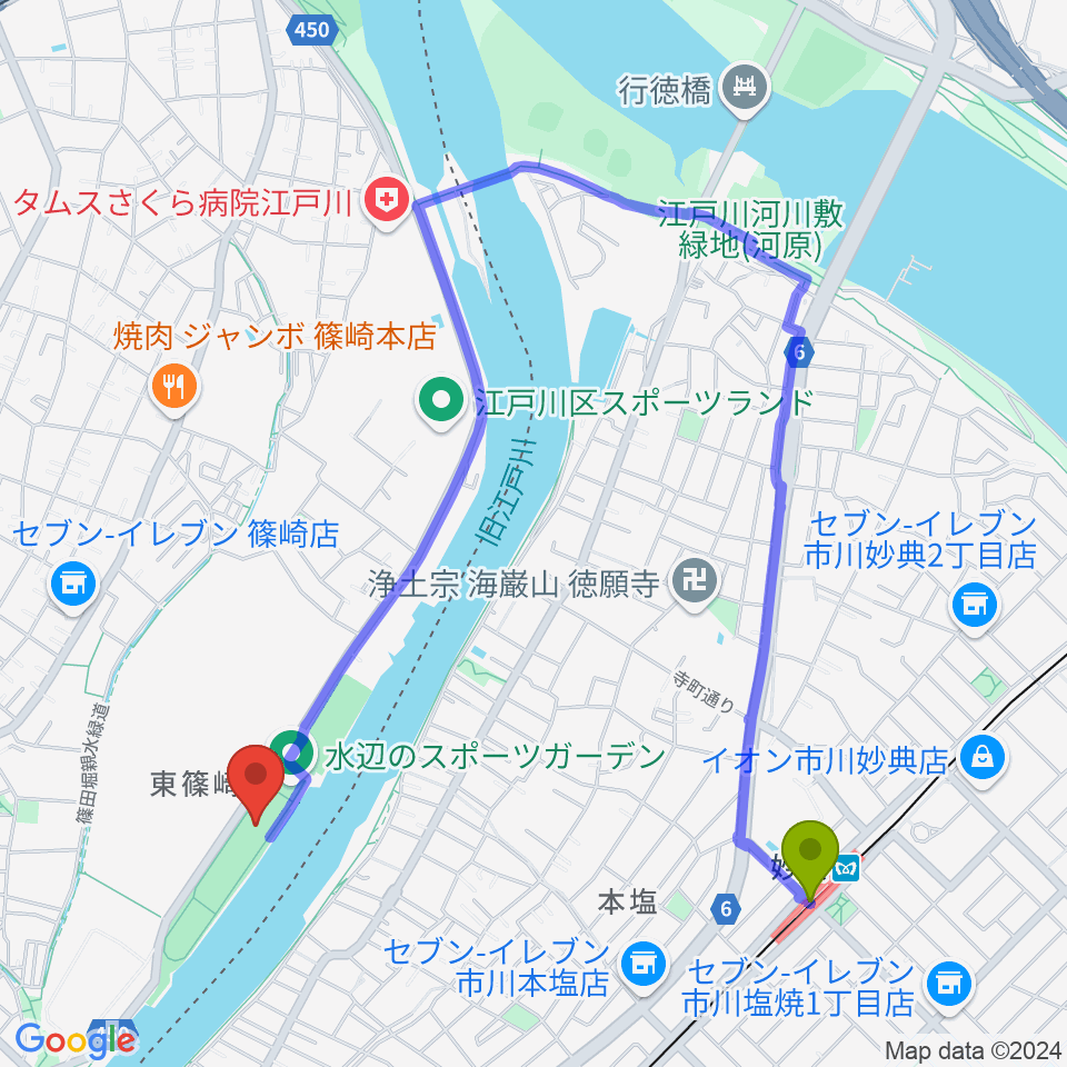 水辺のスポーツガーデン多目的広場の最寄駅妙典駅からの徒歩ルート（約16分）地図