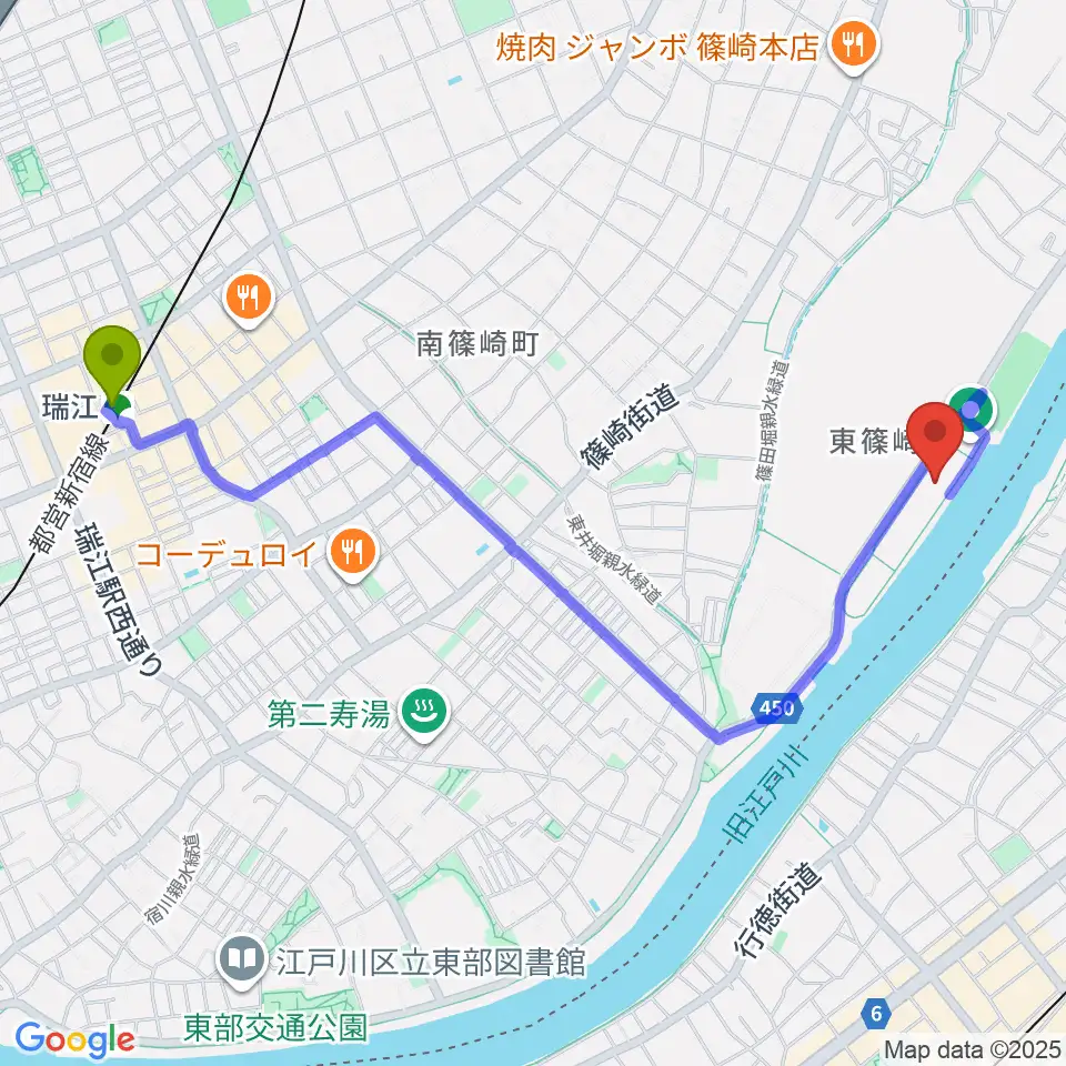 瑞江駅から水辺のスポーツガーデン多目的広場へのルートマップ地図