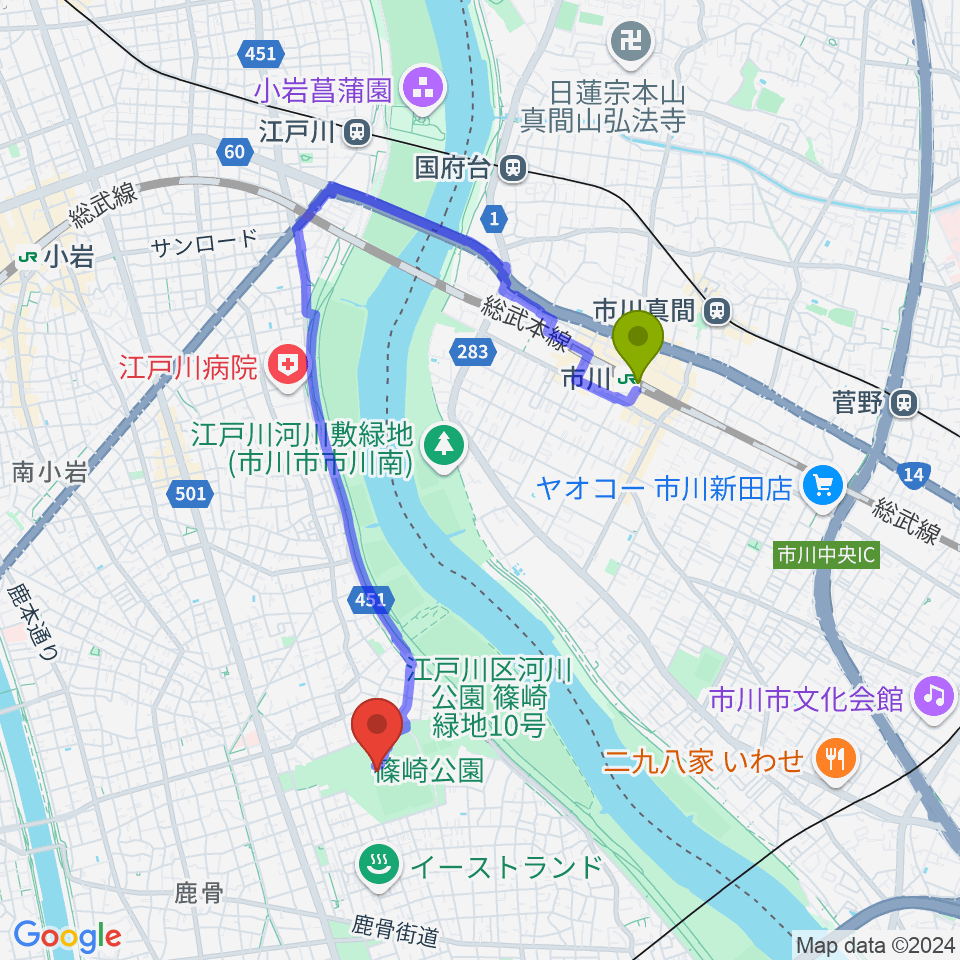 市川駅から篠崎公園A地区野球場へのルートマップ地図