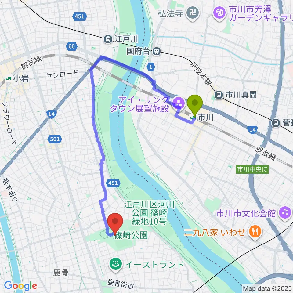 市川駅から篠崎公園A地区野球場へのルートマップ地図