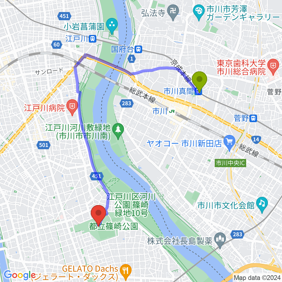 市川真間駅から篠崎公園A地区野球場へのルートマップ地図