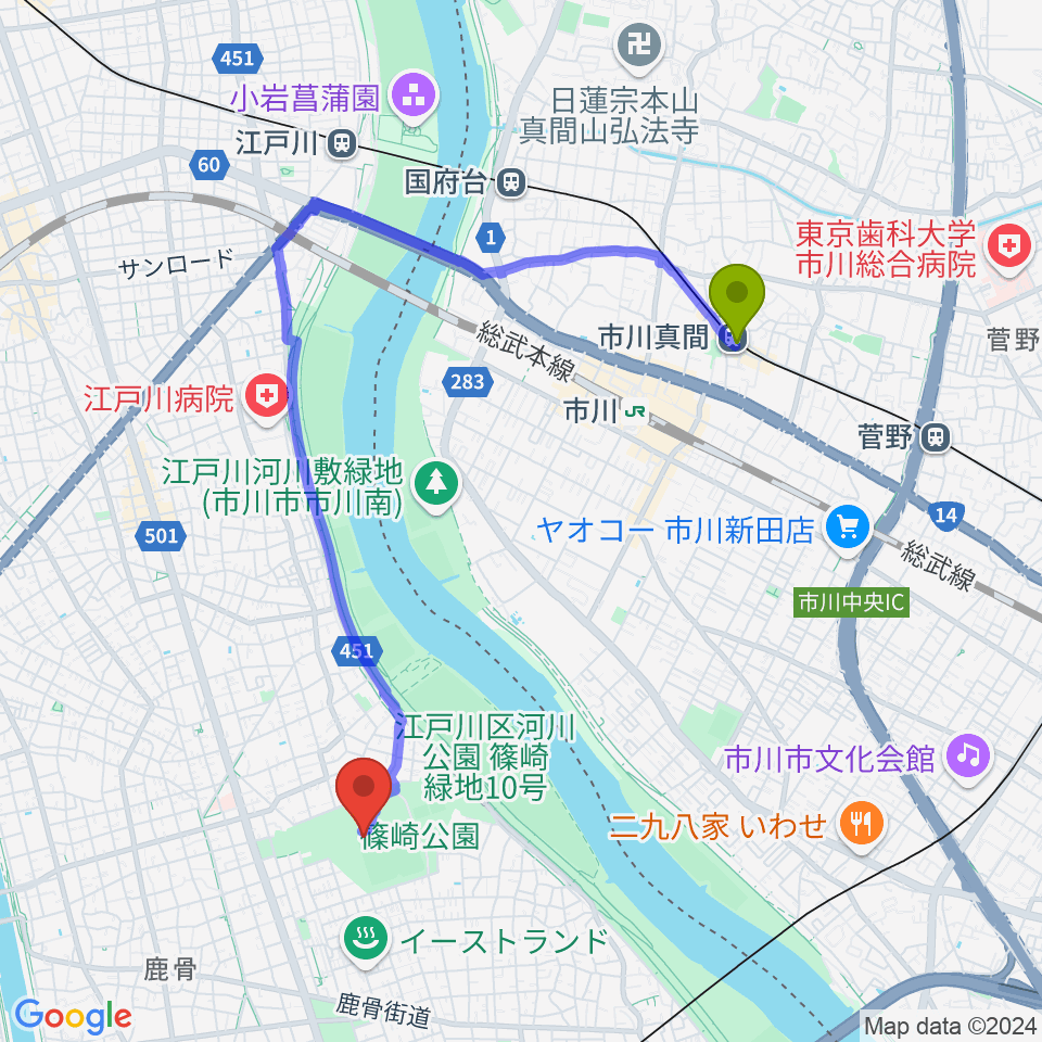 市川真間駅から篠崎公園A地区野球場へのルートマップ地図