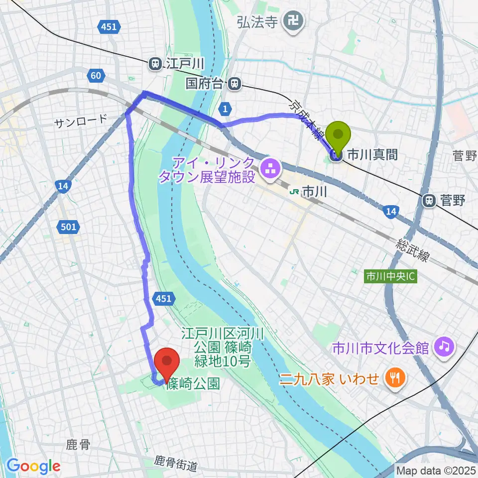市川真間駅から篠崎公園A地区野球場へのルートマップ地図