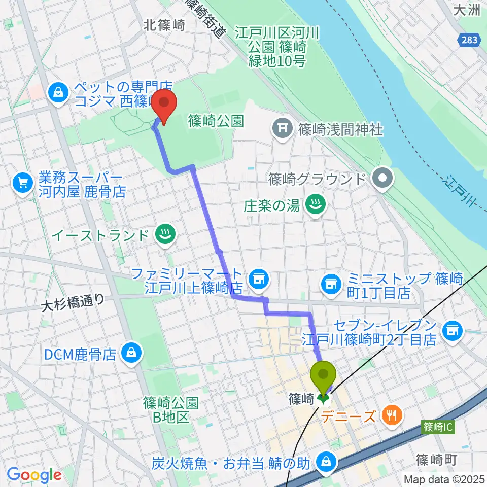 篠崎公園A地区野球場の最寄駅篠崎駅からの徒歩ルート（約20分）地図