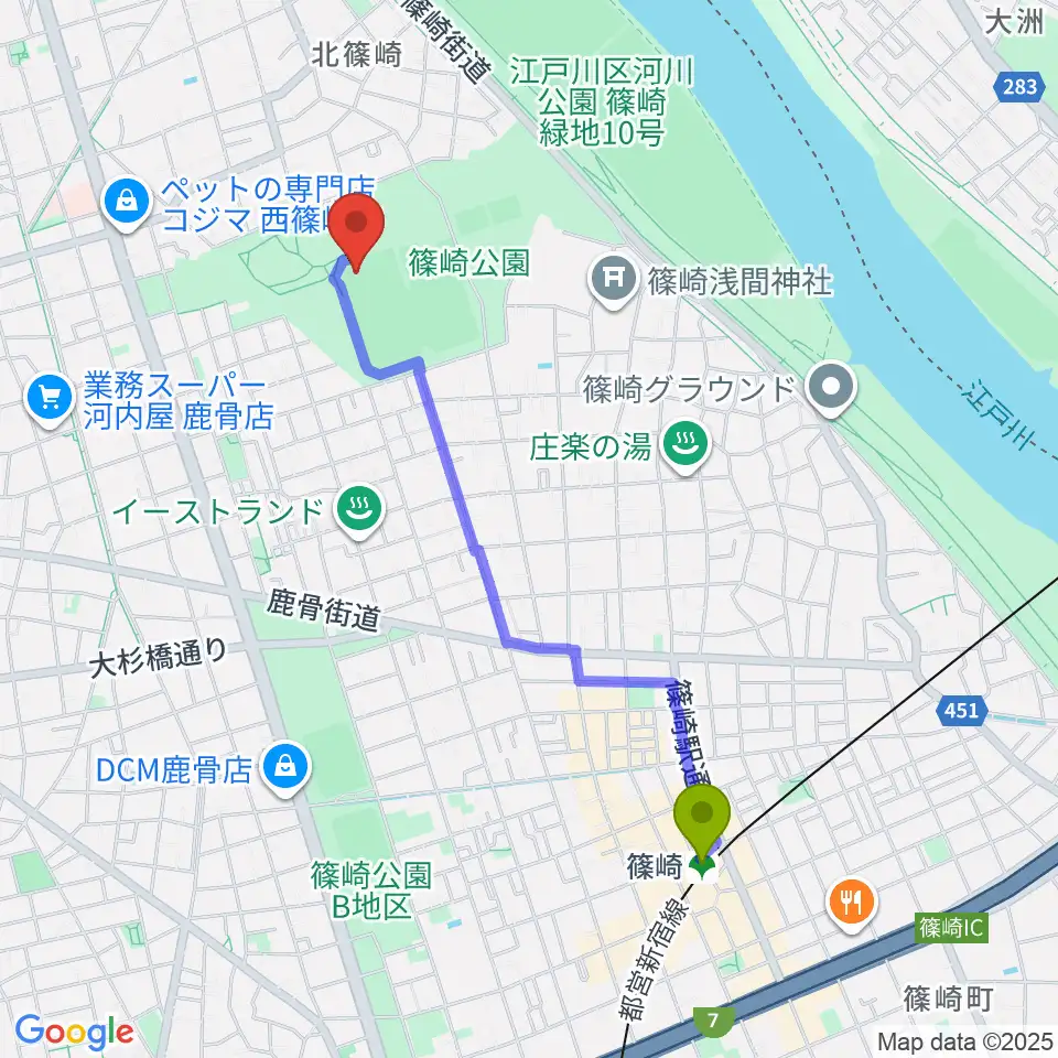 篠崎公園A地区野球場の最寄駅篠崎駅からの徒歩ルート（約20分）地図