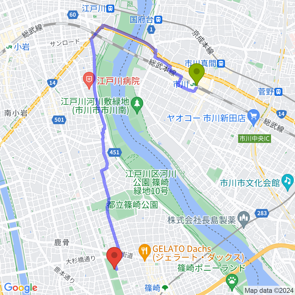 市川駅から篠崎公園B地区鹿骨野球場へのルートマップ地図