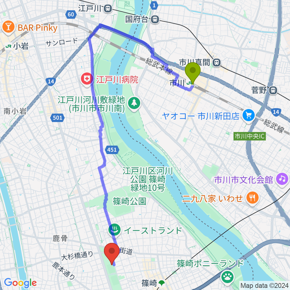 市川駅から篠崎公園B地区鹿骨野球場へのルートマップ地図