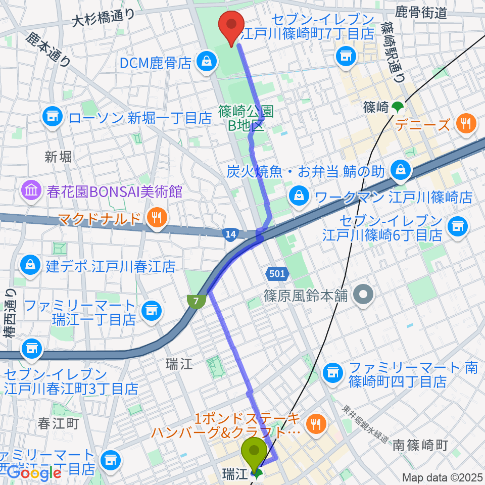 瑞江駅から篠崎公園B地区鹿骨野球場へのルートマップ地図