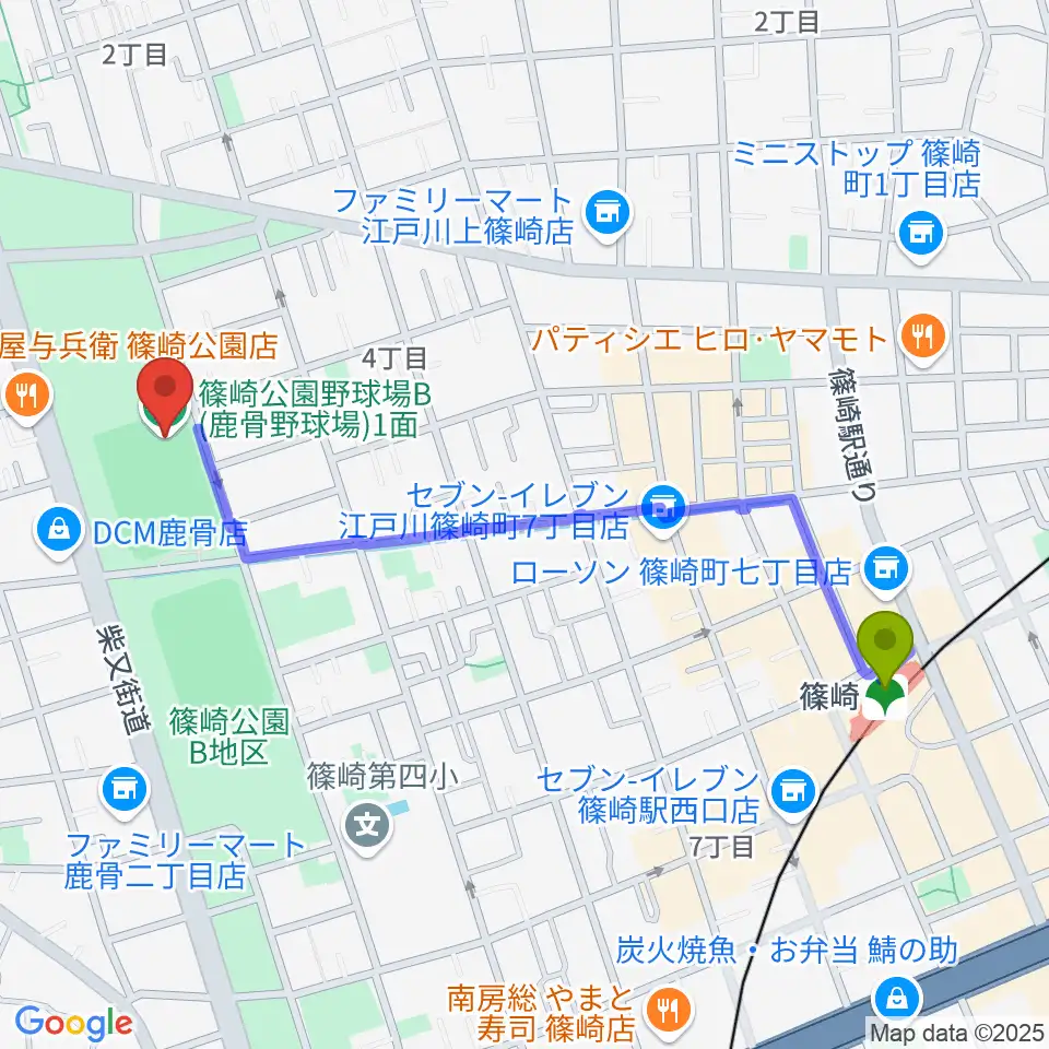 篠崎公園B地区鹿骨野球場の最寄駅篠崎駅からの徒歩ルート（約11分）地図