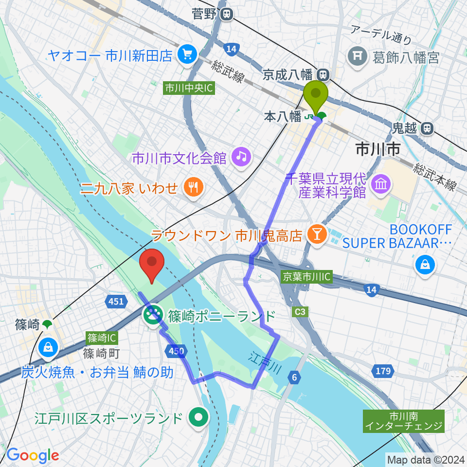 本八幡駅からポニーランド前野球場へのルートマップ地図