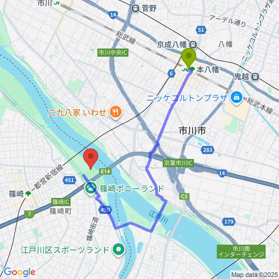 本八幡駅からポニーランド前野球場へのルートマップ地図