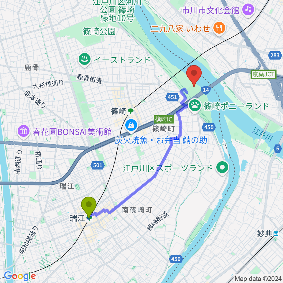 瑞江駅からポニーランド前野球場へのルートマップ地図