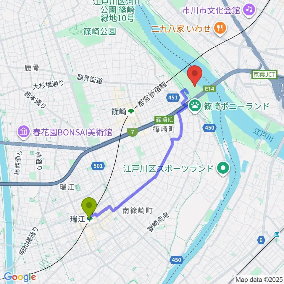 瑞江駅からポニーランド前野球場へのルートマップ地図
