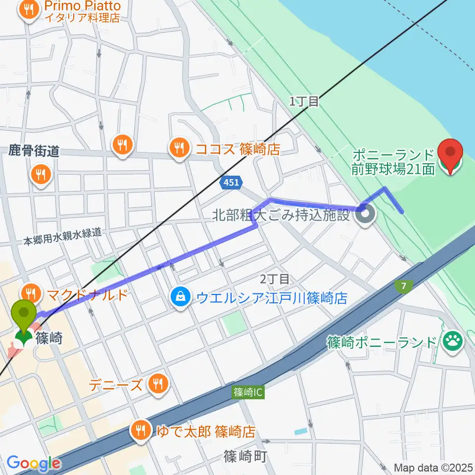 ポニーランド前野球場の最寄駅篠崎駅からの徒歩ルート（約15分）地図