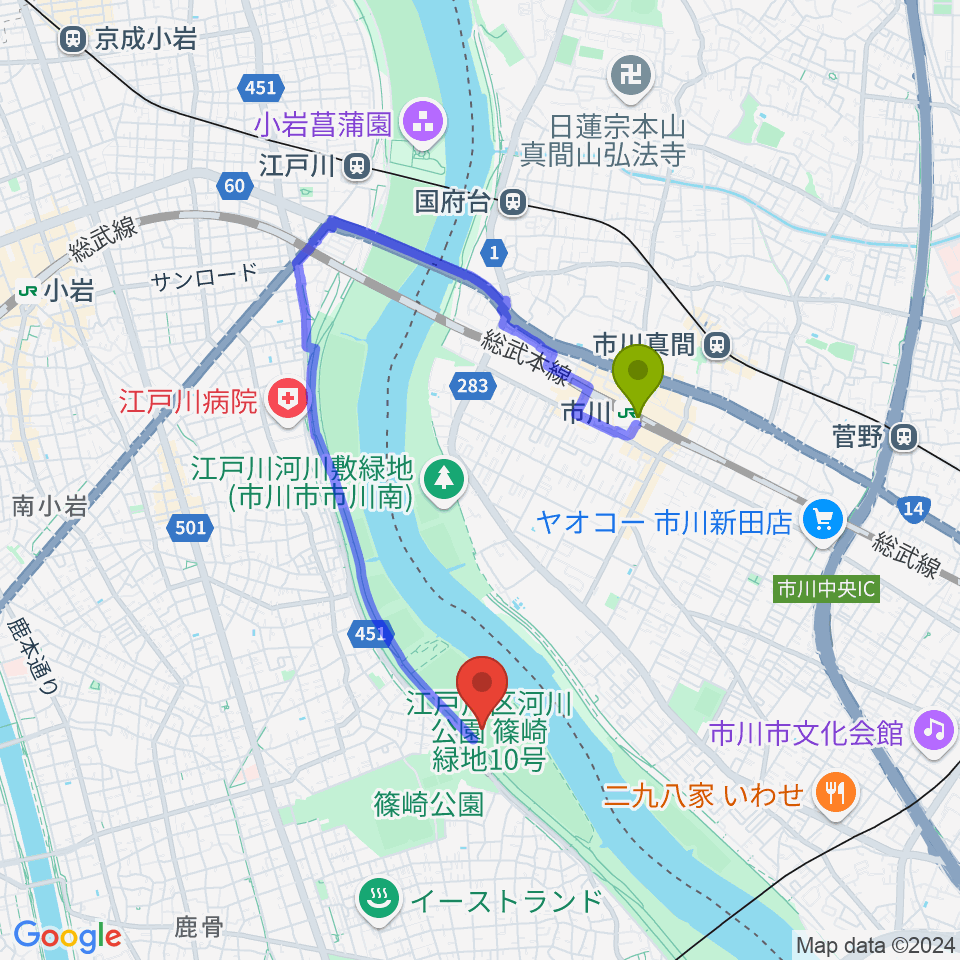 市川駅から江戸川サッカー場・少年サッカー場へのルートマップ地図