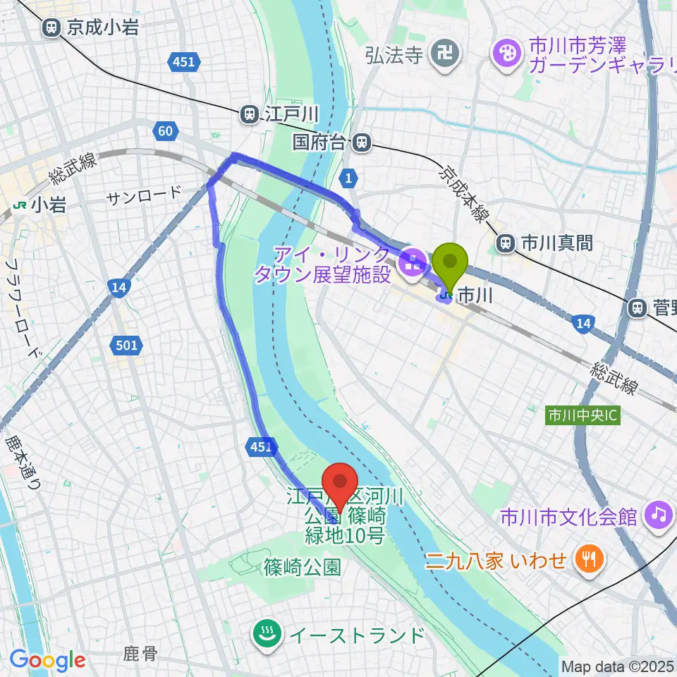 市川駅から江戸川サッカー場・少年サッカー場へのルートマップ地図
