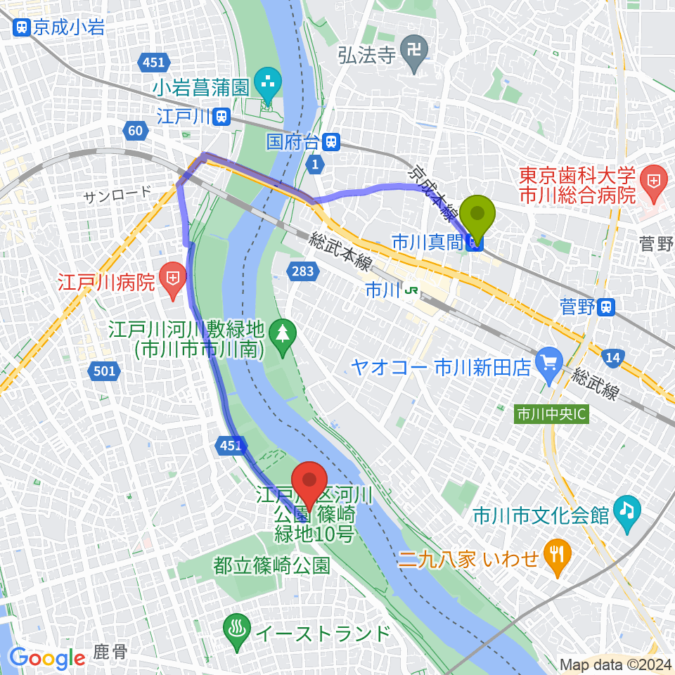 市川真間駅から江戸川サッカー場・少年サッカー場へのルートマップ地図