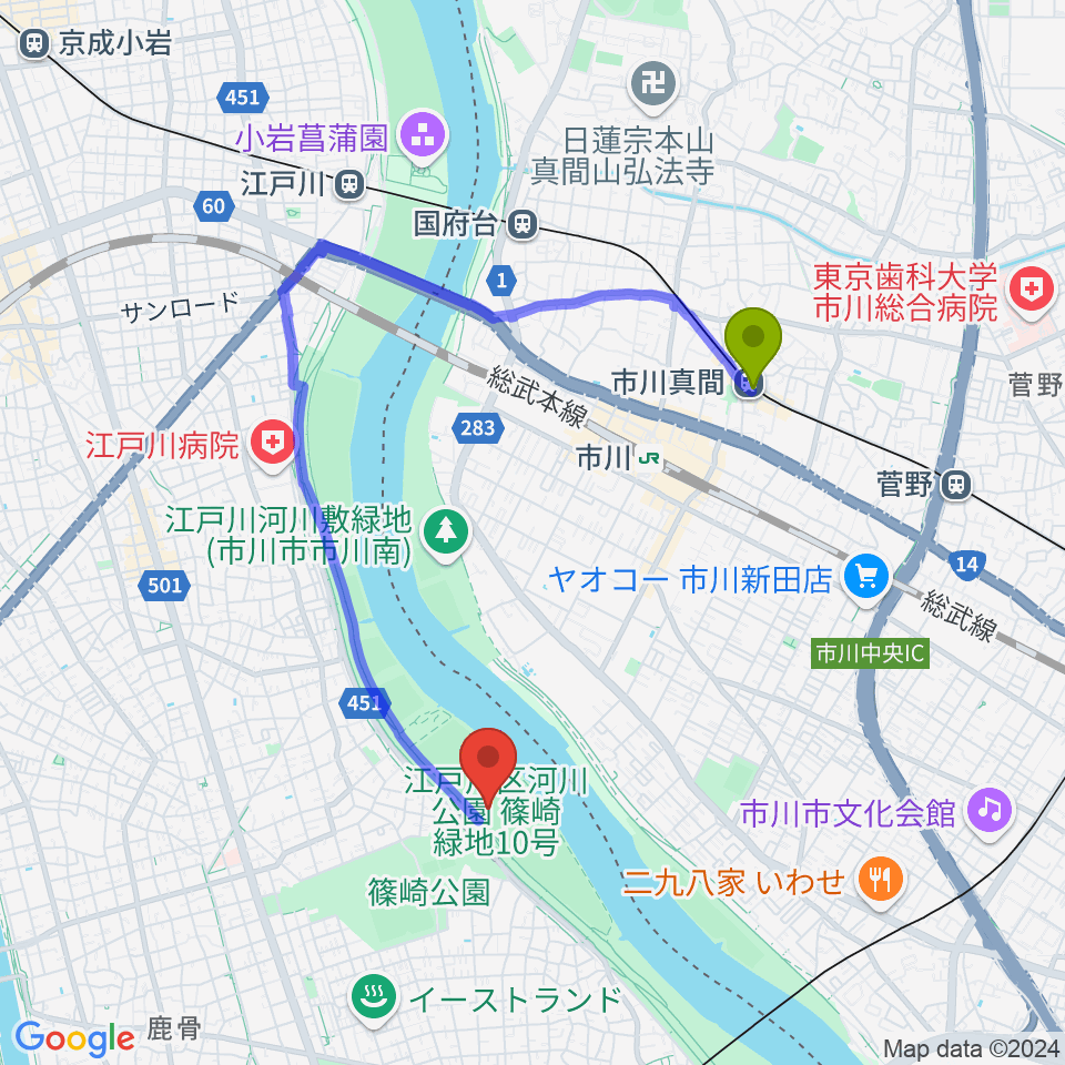 市川真間駅から江戸川サッカー場・少年サッカー場へのルートマップ地図