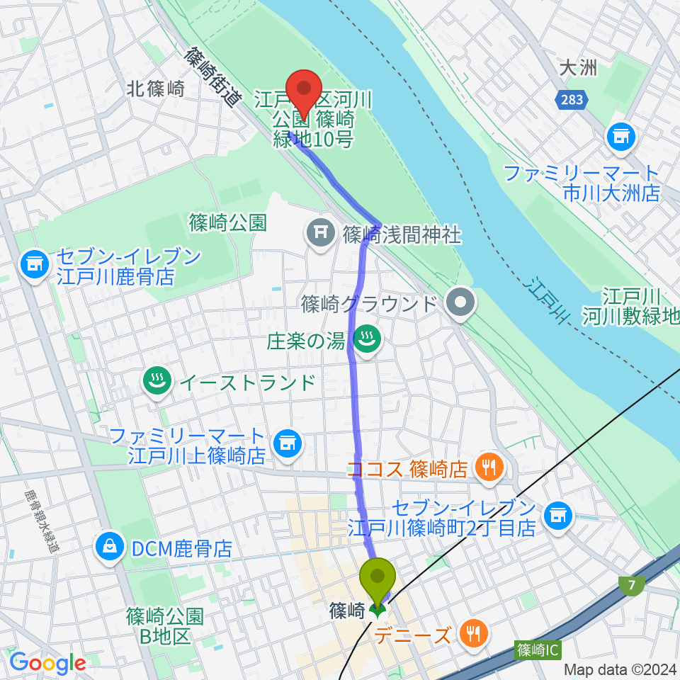 江戸川サッカー場・少年サッカー場の最寄駅篠崎駅からの徒歩ルート（約22分）地図