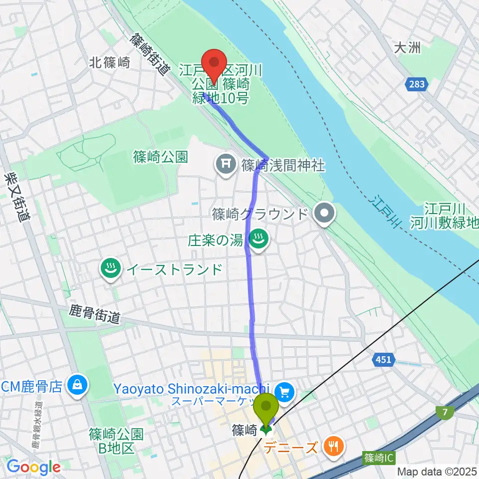江戸川サッカー場・少年サッカー場の最寄駅篠崎駅からの徒歩ルート（約22分）地図