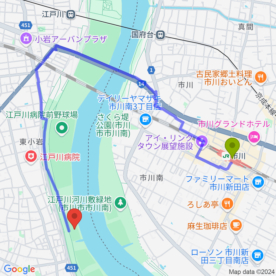 江戸川ラグビー場の最寄駅市川駅からの徒歩ルート（約19分）地図