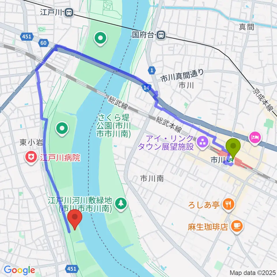 江戸川ラグビー場の最寄駅市川駅からの徒歩ルート（約19分）地図