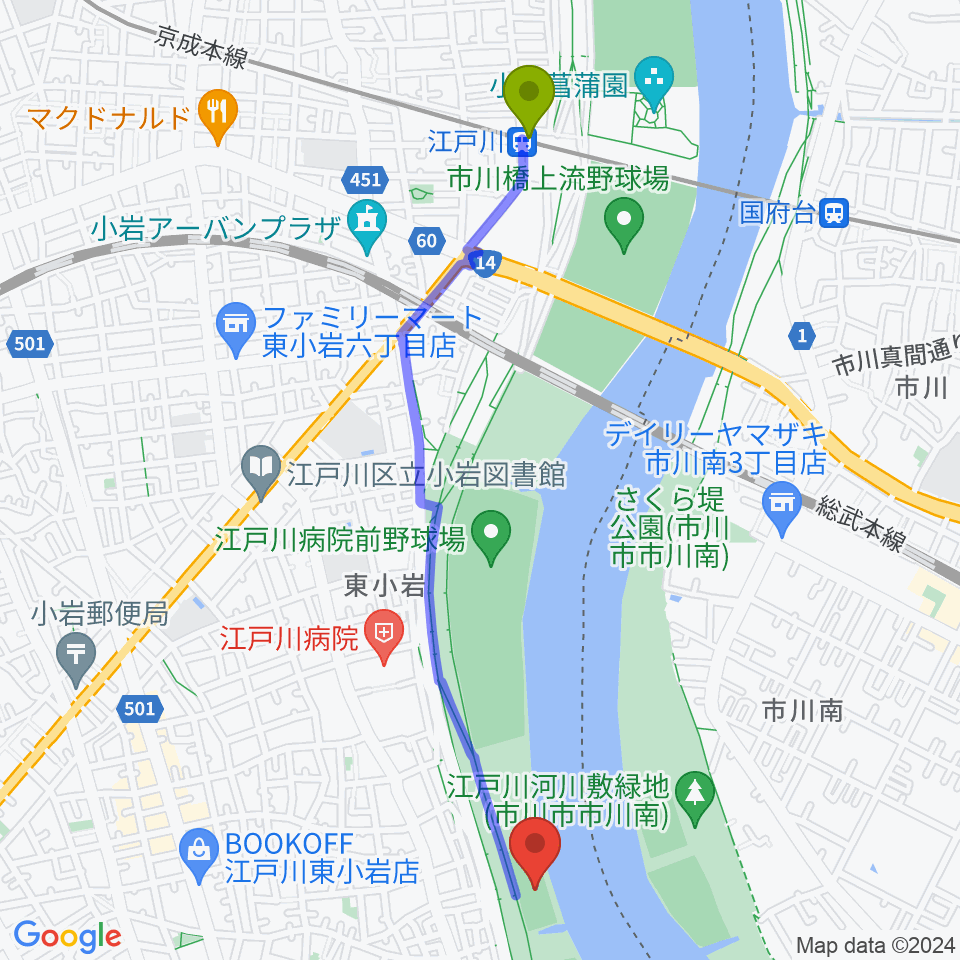 江戸川駅から江戸川ラグビー場へのルートマップ地図