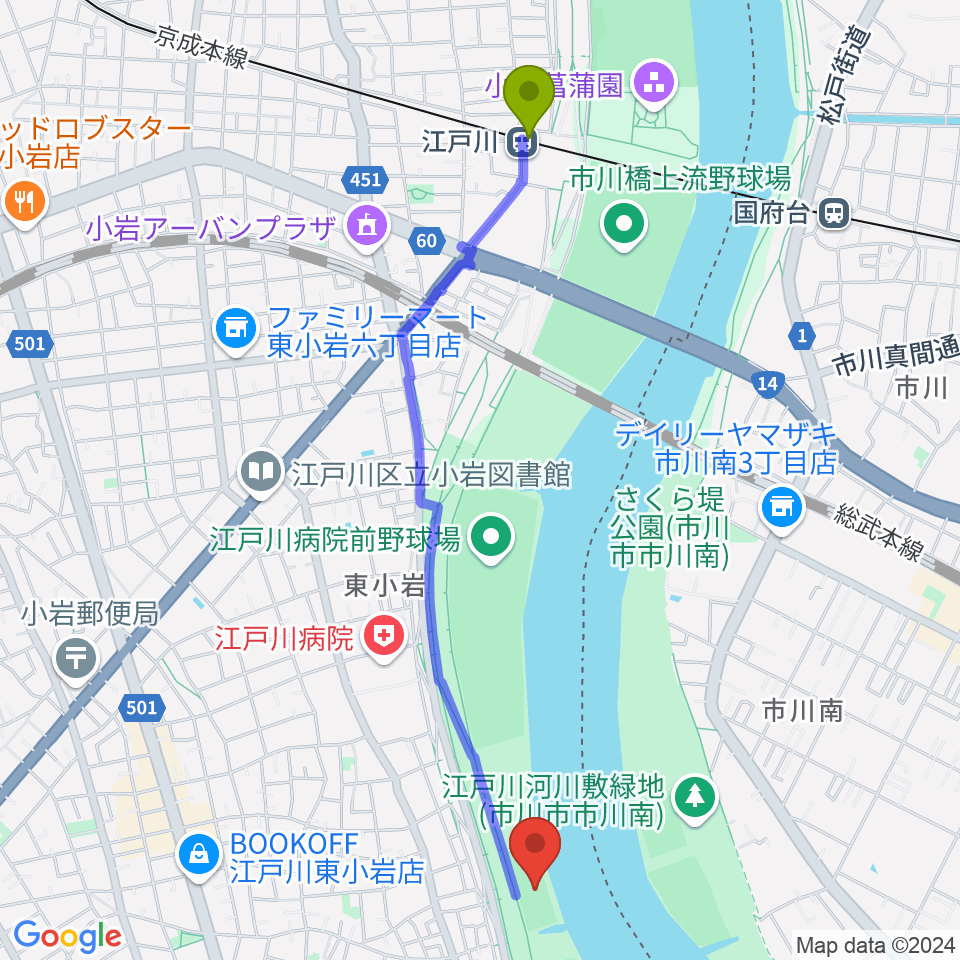 江戸川駅から江戸川ラグビー場へのルートマップ地図