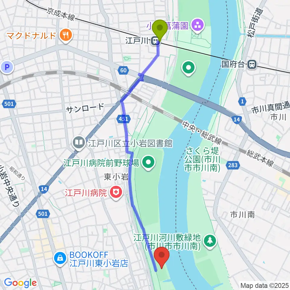 江戸川駅から江戸川ラグビー場へのルートマップ地図