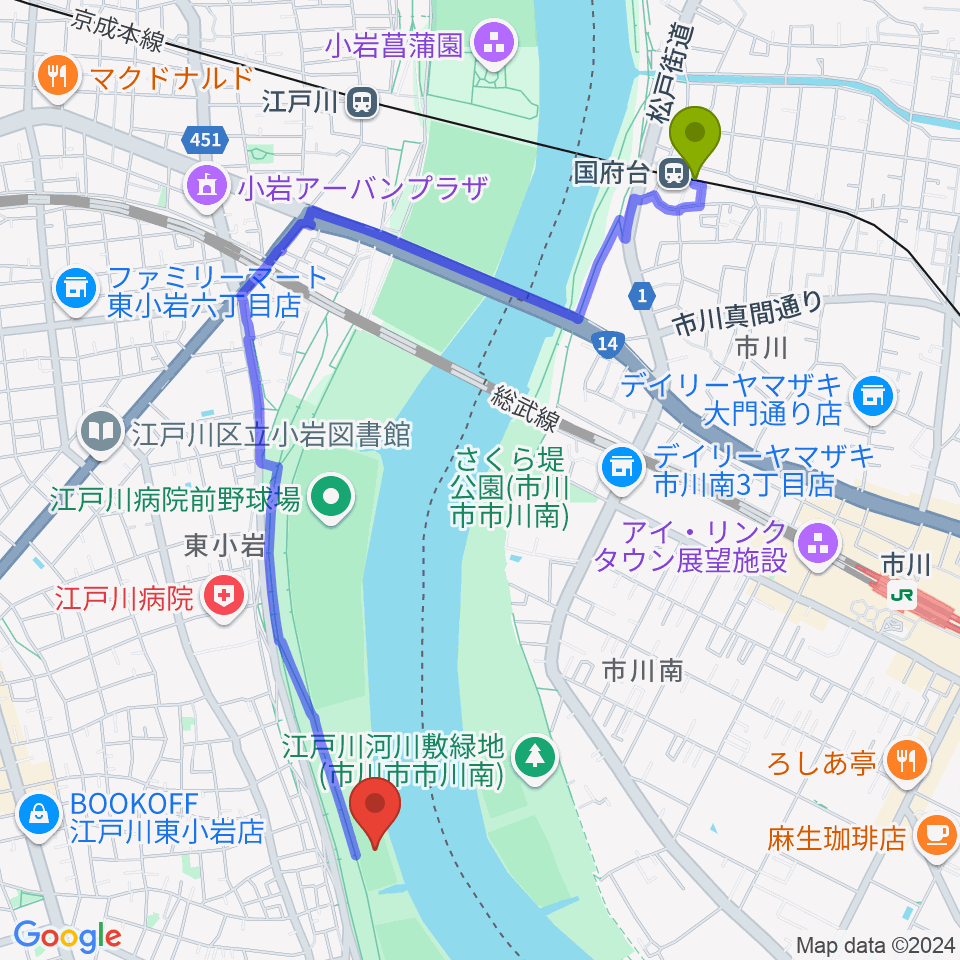 国府台駅から江戸川ラグビー場へのルートマップ地図